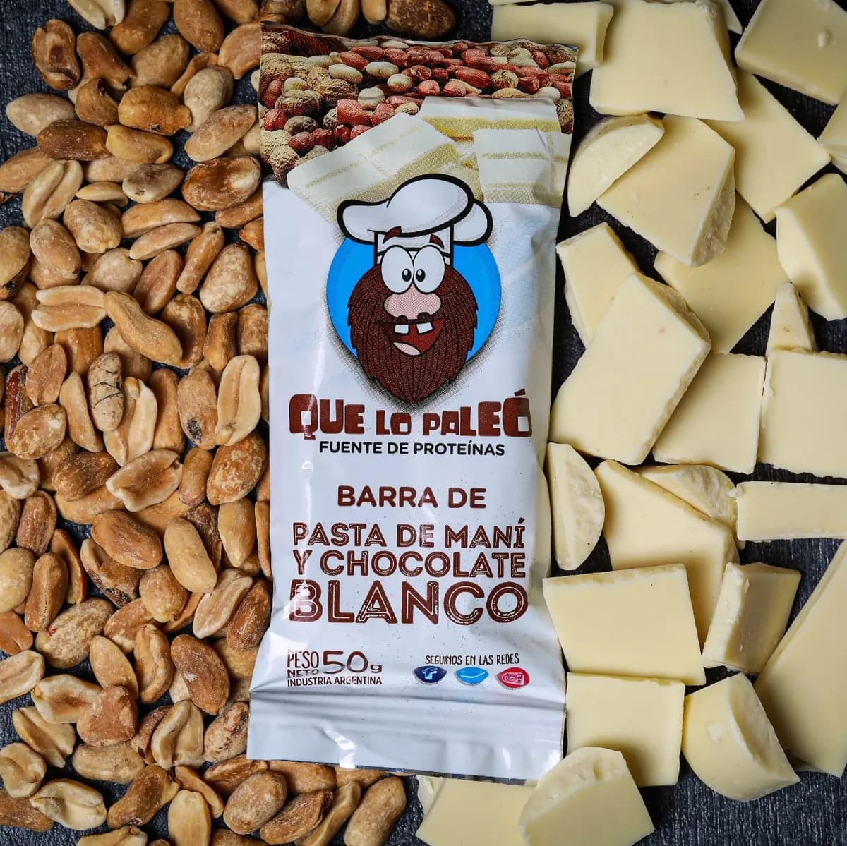 Barra pasta mani y choco blanco qlopaleo